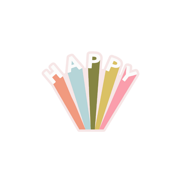 "Happy" sticker with a different color showcasing a different letter in different colors like coral, light blue, olive green, sage green, and pink.