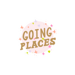 "Going Places" sticker on a light pink beige background and multicolored star sparkles and hearts around.