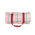 Puffy duffel bag with pink, red, yellow, green, and blue plaid pattern; maroon straps and zipper.