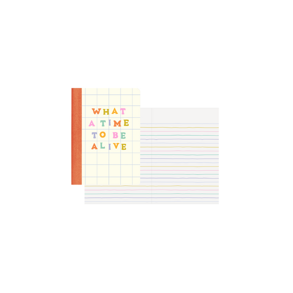 mini notebook with white grid design and text that reads "what a time to be alive" in multi-color font on front; orange binding and colorful notebook lines inside.