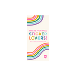 "This is for you, sticker lovers!" bold and bight sticker booklet cover with rainbow waves 