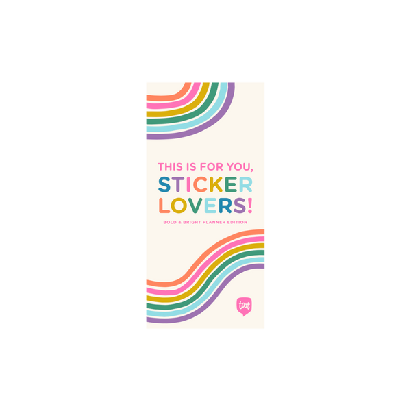 "This is for you, sticker lovers!" bold and bight sticker booklet cover with rainbow waves 