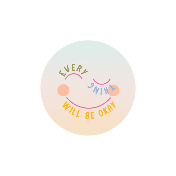 Ombre smiley face sticker with "everything will be okay" print on it in green, blue, and yellow.