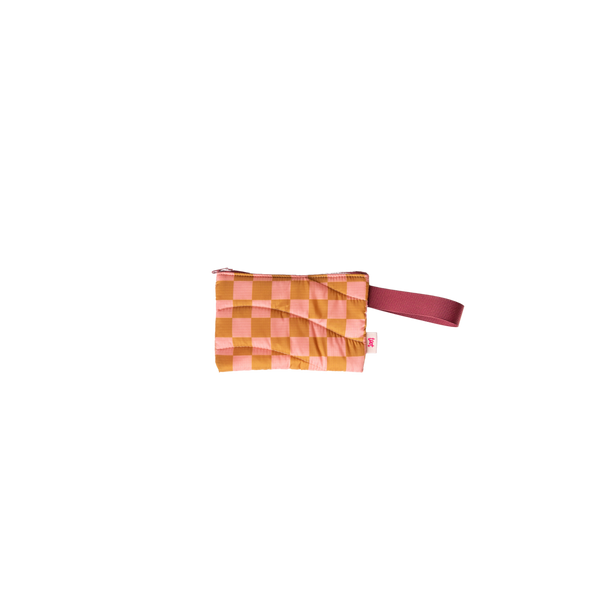 Wristlet with burgundy wrist strap and pink and mustard yellow checkered design.