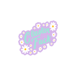 "Cluster Fuck" in blue letters on a light purple background with white daisies around the phrase.