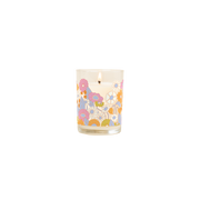Candle rocks glass with multi-color flowers design wrapped around glass.