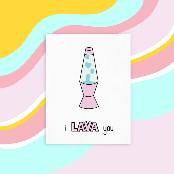 A white greeting card with a pink and light blue lava lamp and the text "i LAVA you". The image background is a yellow, light blue, medium pink, light pink and white wavy stripe. 