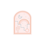 A arch-shaped sticker with a rainbow arch, a cactus, a crescent moon, stars, and abstract building printed on. Sticker is in neutral colors.