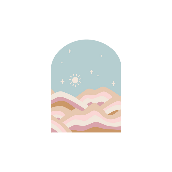 A arch-shaped sticker with multicolored abstract hills and a sun with stars in the blue-toned sky.