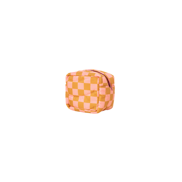 A puffy pouch with a zipper and pink and mustard plaid design.