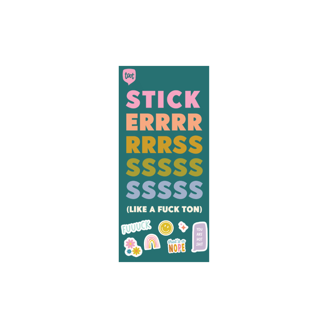 Teal sticker booklet with multi-color "sticker" in the front cover with "(like a fun ton) and small variety stickers.
