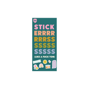 Teal sticker booklet with multi-color "sticker" in the front cover with "(like a fun ton) and small variety stickers.