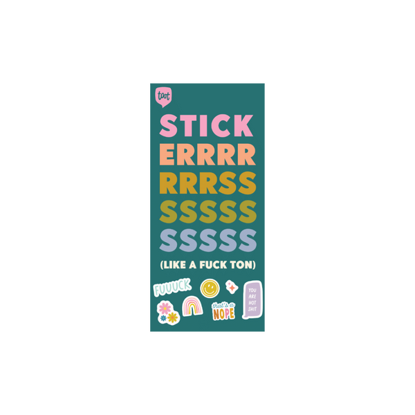 Teal sticker booklet with multi-color "sticker" in the front cover with "(like a fun ton) and small variety stickers.