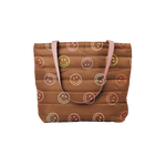 Brown smiley puffy tote with colorful smiley faces around with a purple strap.