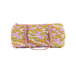Multi-color (pink,green, and orange) duffel bag with small blue flowers; light pink shoulder straps.