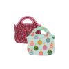 medium soft handbag with handles maroon with multi-color confetti. one medium soft hand bang with handles with blue backgroun and multi-color smiling lightbulbs.