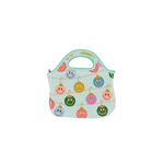 Klutch with handles in light blue; multi-color smiley ornaments design wrapped around bag.