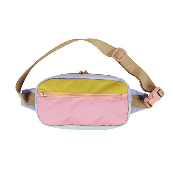candy block large hip bag with cintron, coral pink and tan color strap.