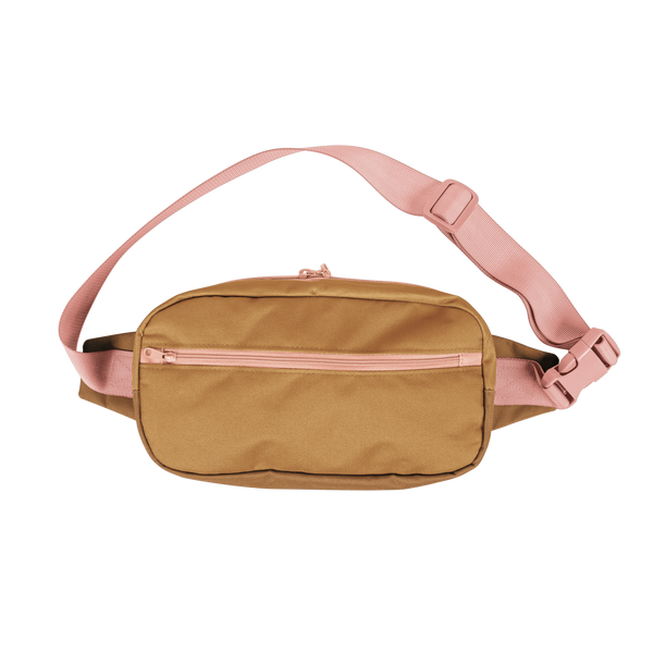 Large hip bag in brown with dusty pink strap, buckle, and zipper enclosure