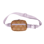 Small brown, colorful smiley faces pattern with a lilac strap hip bag.