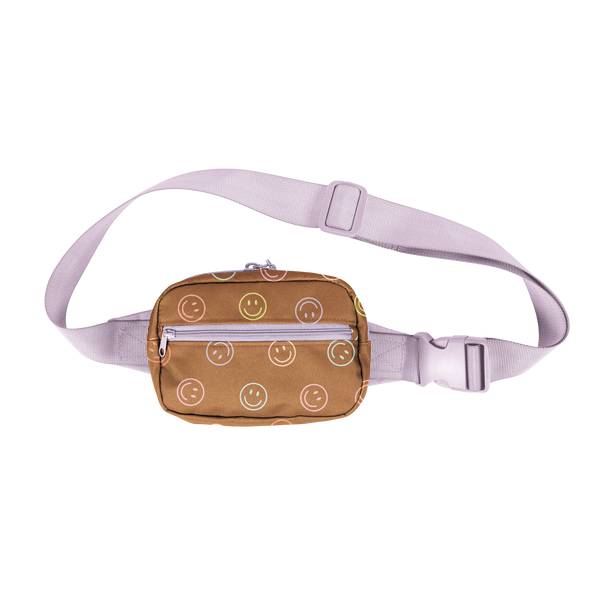 Small brown, colorful smiley faces pattern with a lilac strap hip bag.