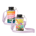 "Todays gonna be a good day" text on a colorful rainbow wave with a purple strap. Reversible side is a colorful rainbow in the background with white, yellow and orange rays in a neon background with colorful flowers and teal and orange mushroom on green grass towards the front.