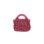 Klutch with handles in maroon with multi-color pink, green, red, and white confetti design wrapped around bag.