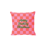 "Merry Fucking Christmas" Pillow in pink and red. Checkered Pillow.