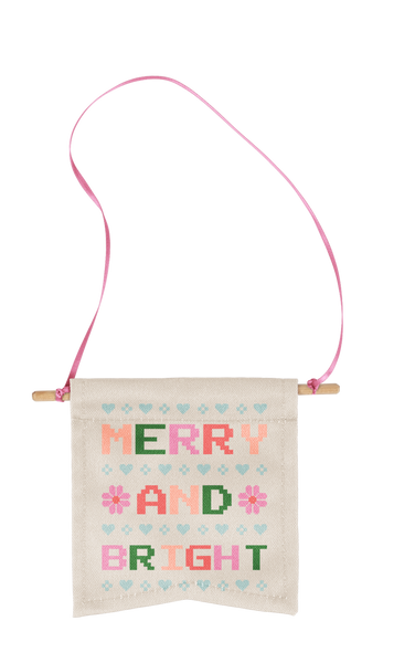  small banner with the phrase merry and bright in mulit-color type font with hearts between the words 