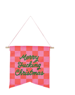 a medium banner with the phrase merry fucking christmas in green cursive font with pink and hot pink checkered pattern.