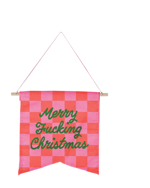 a medium banner with the phrase merry fucking christmas in green cursive font with pink and hot pink checkered pattern.