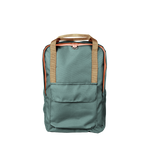 Teal everyday backpack with a hint of pink zipper and tan holder.