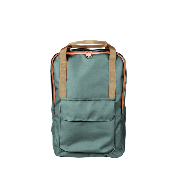 Teal everyday backpack with a hint of pink zipper and tan holder.
