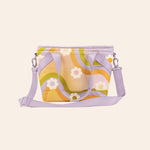 Wavy rainbow with daisy's pattern ice princess bag with periwinkle straps.