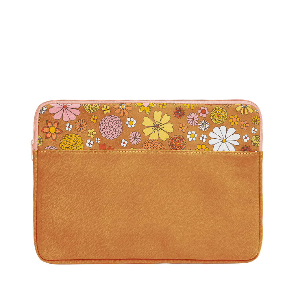 laptop sleeve in brown vegan leather trimmed with fun floral print at the top with peach zipper with laptop, swirled notebook coming out of it with heart print penny pouch on top