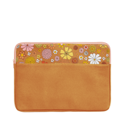 laptop sleeve in brown vegan leather trimmed with fun floral print at the top with peach zipper with laptop, swirled notebook coming out of it with heart print penny pouch on top