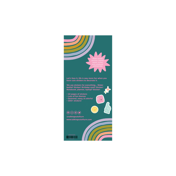Teal with rainbow on top left corner and down right corner sticker booklet back side.
