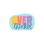 blue background over sticker with over in yellow peach pink and light purple and thinker in cursive blue