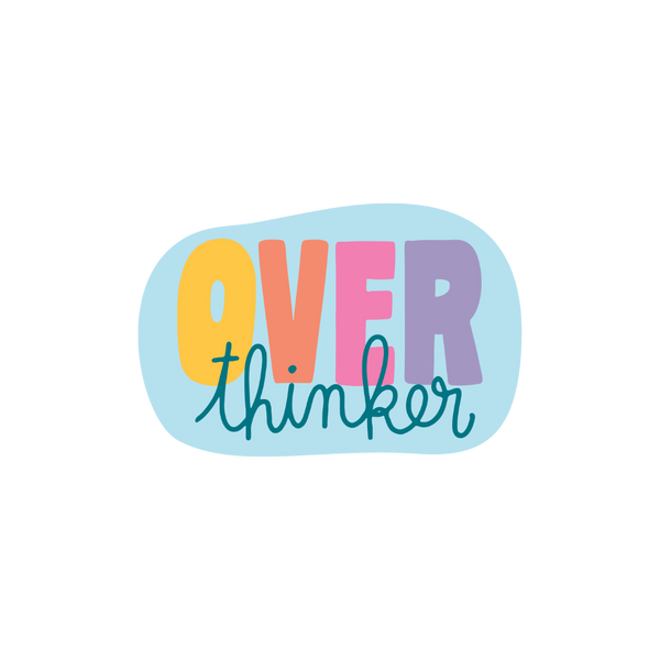 blue background over sticker with over in yellow peach pink and light purple and thinker in cursive blue