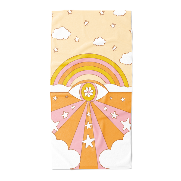 Orange sky with small stars and clouds, colorful rainbow and eye on the center with a daisy in the middle with orange/pink rays beach towel.