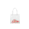 Cute tiny bag in clear vinyl with colorful pompoms embedded.