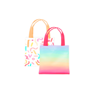 Cute colorful Vegan Leather tote bags. Party Print and rainbow ombre print.