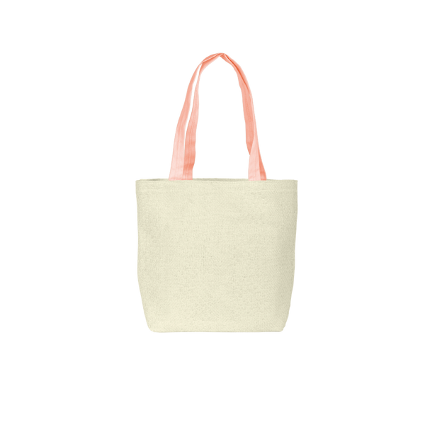 Cute tote bag in natural straw with peach canvas straps.