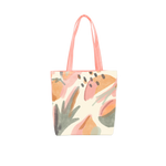 Cute tote bag with abstract fruit design and peach shoulder straps.