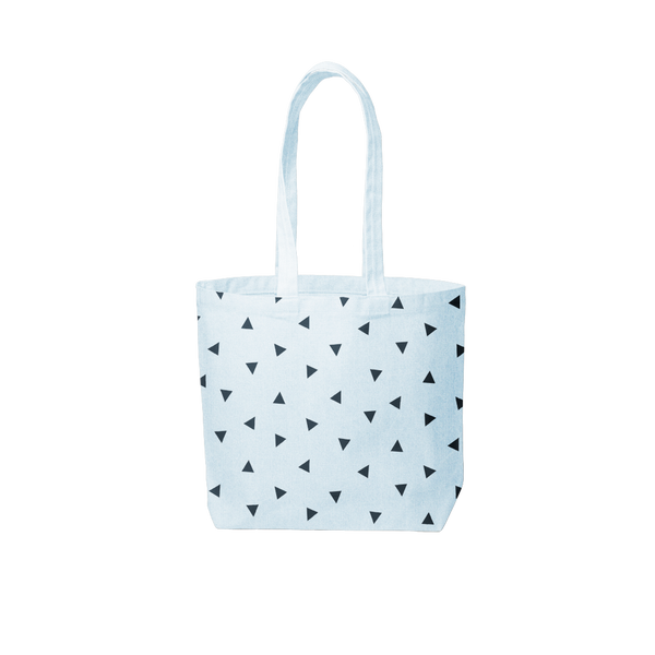 a light blue canvas tote with triangles
