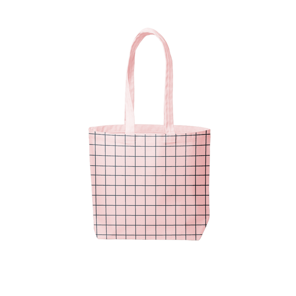 light pink canvas tote bag with blue grid