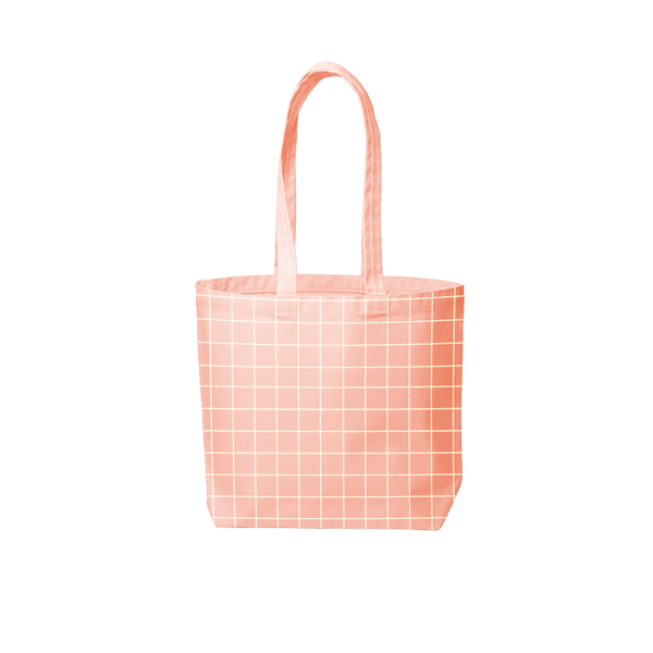 peach canvas tote with grid print