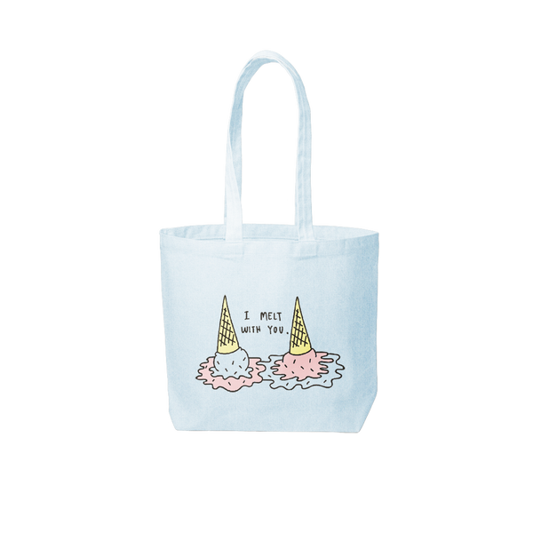beach wash denim tote bag that says i melt with you and has two ice cream cones