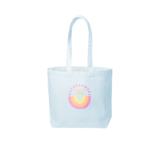 Cute tote bag in light wash denim with Daydreamers Club rainbow design.