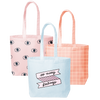 Three canvas tote bags; beachwash denim with so many feelings print, peach with grid pattern, and blush pink with eyeballs pattern.